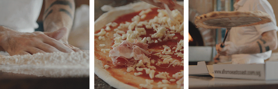 Pizza being prepared and cooked for delivery Pizza being prepared and cooked for delivery