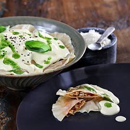 Chicken Curry Raviolis with Coriander Pesto