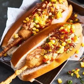 Chipotle Corn Dawgs, Salsa and Tobacco Onions Chipotle Corn Dawgs, Salsa and Tobacco Onions